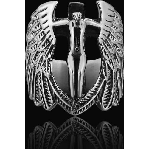 Gothic Fallen Angel Casting Jesus Stainless Steel Cross Ring Men Punk Retro Angel Wing Ring Jewelry Gift Size 7-13