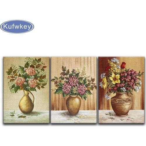 3 piece set Vintage Style Flowers in Vases Diamond Painting Cross Stitch 5D DIY Full Diamond Embroidery Mosaic Decor Pictures