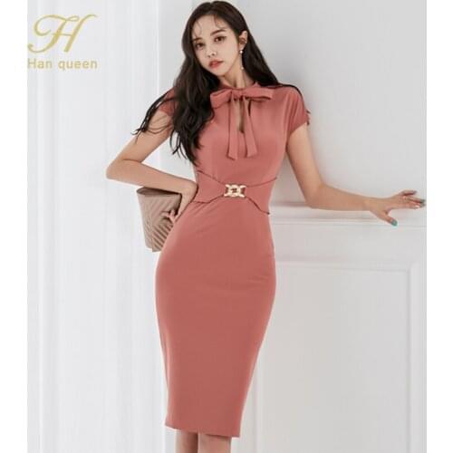 H Han Queen New Korean Bow Office Bodycon Sheath Pencil Dress Fashion Lady Evening Party Sexy Elegant OL Simple Series Dresses