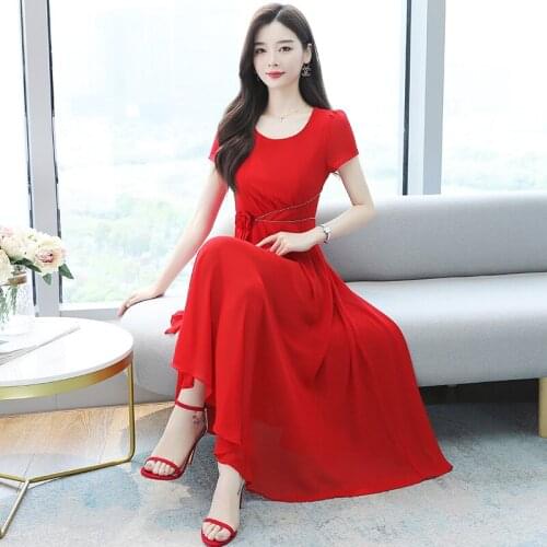 Dress. Pure color noble Chiffon Dress 2021 summer new style temperament waist down show thin three dimensional Rose Dress