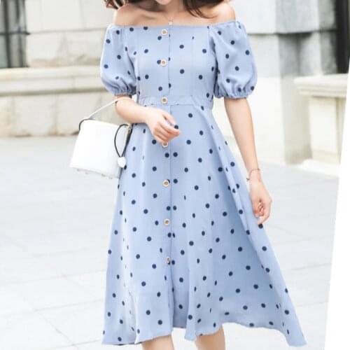 Flectit Polka Dot Button Through Puff Sleeve Square Neck High Waist Midi Dress Elegant Women Dress
