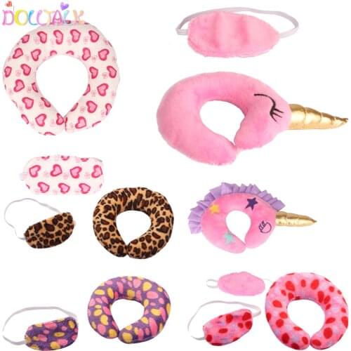 Heart Unicorn Pillow + Eye Mask Set For 18 Inch American Doll Electric Embroidery Style Pillow Fir 43cm New Baby Reborn Doll Toy