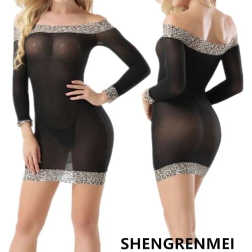 SHENGRENMEI 2019 Novelty Special Use Exotic Apparel Sexy Leopard Lingerie Sheer Babydolls Underwear Chemises Erotic Mini Dress