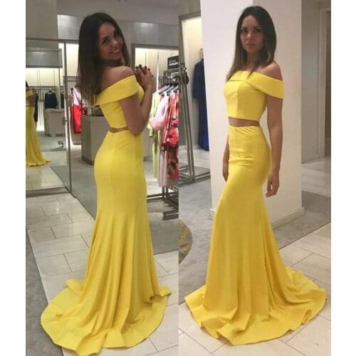 Sexy Long Mermaid Yellow Evening Dresses two Pieces Lace Up Back Satin Abendkleid Robes de Soirée for Women
