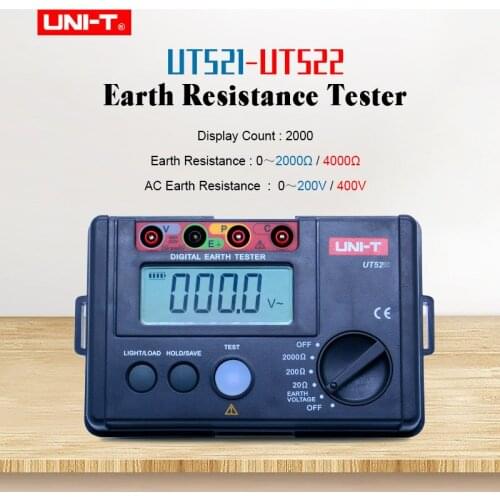 UNI-T UT522 Digital Earth Ground Resistance tester 0-4000ohm 4000 count ohmmeter AC earth voltmeter Data hold with LCD backlight