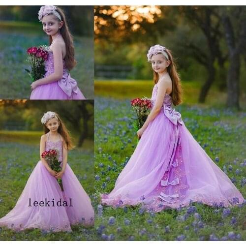 Vintage Lace Beaded Purple Flower Girl Dress Backless Ball Gown Little Girl Wedding Dresses Vintage Communion Pageant Dress Gown