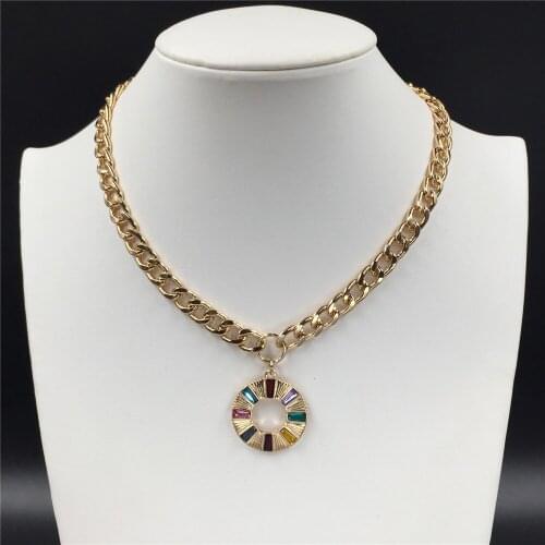 High Quality Yellow Gold Color Colorful Gem Stone Round Pendant Necklace For Women Girl Casual Romantic Party Wearing Gift