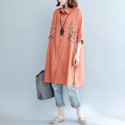 Oversized Loose Cotton Embroidery Women Shirts 2021 Summer Vintage Orange Lantern Sleeved Female Outwear Coat Tops