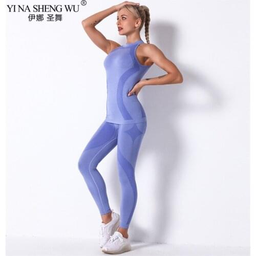 Women Seamless Yoga Sets Fitness Sports Suits Gym Clothing Sleeveless Waistcoat High Waist Running Leggings Workout Pants Tops