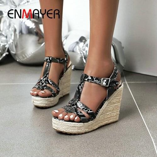 ENMAYER Women Sandals New 2020 Casual Solid PU Wedge Serpentine Sexy Sandals Buckle Strap Sexy Wedges Heels Sandals Size 34-43