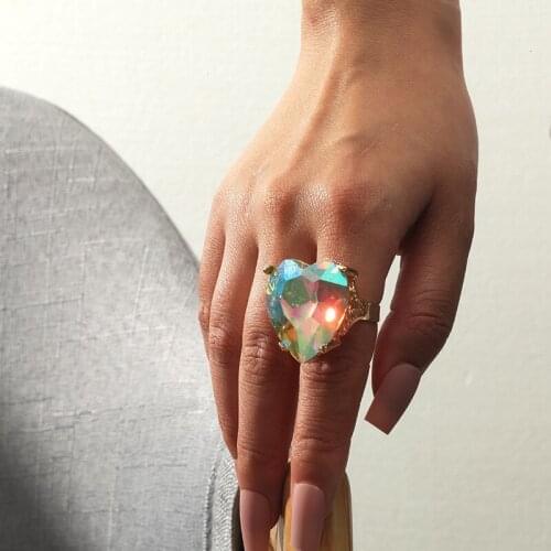 Luxury Big Crystal Rings Colorful Heart Rhinestones Ring For Womens High Quality Jewelry Fashion Wedding Adjustable Finger-rings