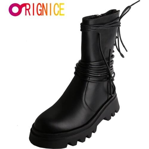 Orignice Women Comfortable High Quality Leather Thick Sole Handmade Motorcycle Ankle Boots Zipper Lace Up Round Toe Wild Shoes