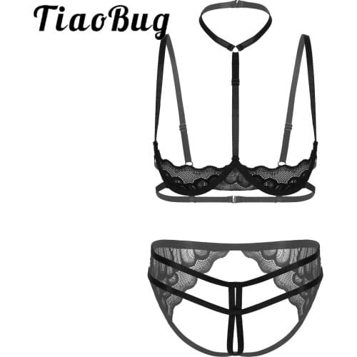 Womens Sheer Lace Erotic Lingerie Suit Underwear Sexy Sleepwear Halter Neck Underwired Hot Bra Tops with Crotchless G-string