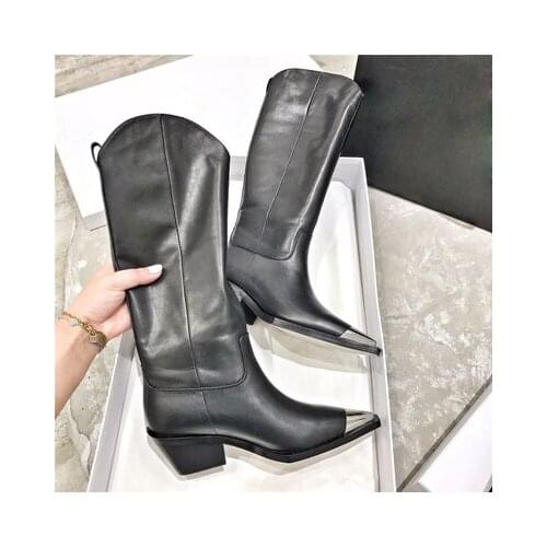 Vinapobo 2019 winter knee high boots for women high heel boots pointed toe metal genuine leather party dress shoes woman casual