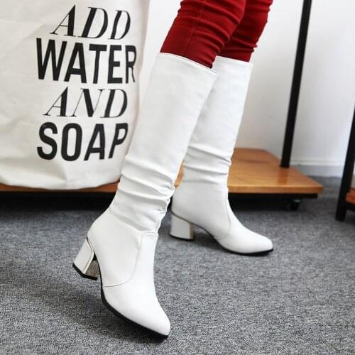 2019 female calf high boots ladies thick high heels ladies winter boots zipper buckle belt shoes platform