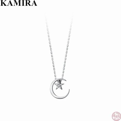 KAMIRA 925 Sterling Silver Romantic Star Moon Zircon Link Chain Pendant Necklace for Women Wedding Charm Elegant Popular Jewelry