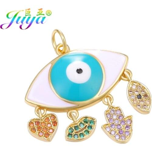 Juya DIY Gold Enamel Evil Eye Charms Multicolor Rainbow Crystal Love Heart Lips Hamsa Charms For Handmade Pendant Jewelry Making