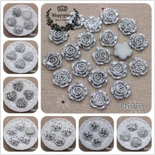 100pcs Bling Silver Round/Starfish/Heart/Flower/Crown/Cherry Resin Rhinestone Flatback Cabochon DIY Craft Accessories