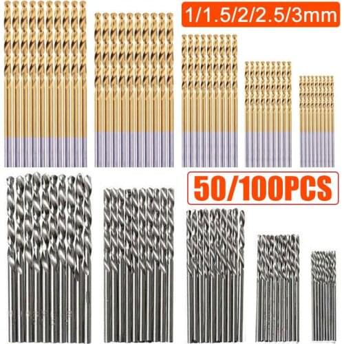 50/100Pcs 1mm-3mm Titanium HSS Drill Bits Coated Stainless Steel HSS High Speed Drill Bit Set For Electrical Drill Tools
