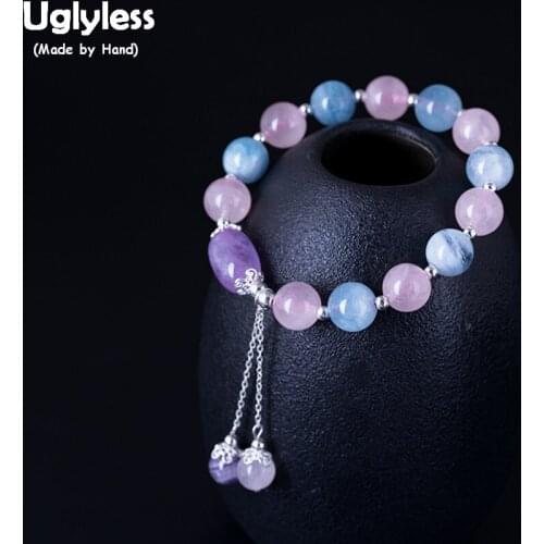 Uglyless 100% Real 925 Sterling Silver Balls Beading Bracelets for Women Multi Colors Crystal Tassel Bracelet Elastic Rope Jewel