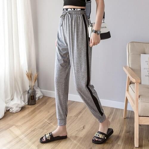 Streetwear Trousers Women 2020 Spring Summer Korean Casual Patchwork Lace Up Side Striped Joggers Sweatpants Black Gray B301