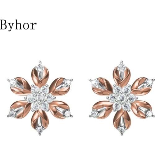 Byhor Solid 14K White/Yellow+White/Rose+White Gold 0.436ct H/SI Natural Diamonds Flower Stud Earrings Women Cерьги Fine Jewelry
