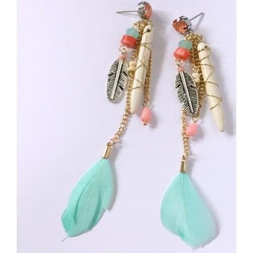 Dongmu jewellery handmade bohemian style lady fashion crystal feather alloy tassel earrings girl exquisite jewelry birthday gift