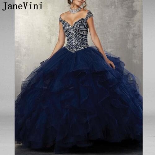 JaneVini 2019 Elegant Navy Blue Quinceanera Dresses Ball Gowns V Neck Heavy Beads Ruffles Puffy Tulle Princess Gowns Vestidos 15