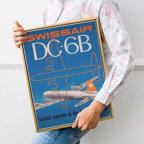 Europc Swissair DC-6B Advertising Retro Poster, Fastest Service Propaganda Slogan Art Prints, Plane Illustration Wall Stickers