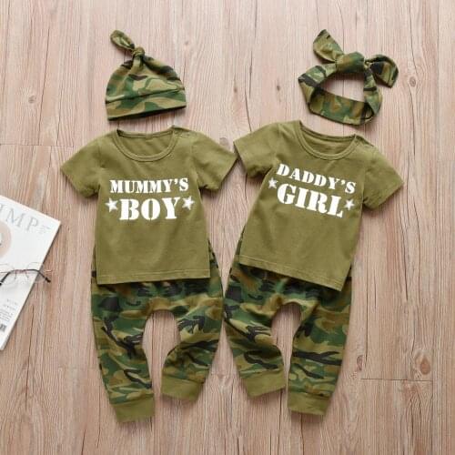 3Pcs Baby Boys Girls Family Letter Newborn Clothes Set Short Sleeve T-shirt Tops Casual Camouflage Pants Infant Toddler Clothing