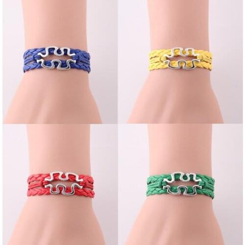 10PC/lot Autism Awareness Jigsaw Ribbon Puzzle Pieces Charm Bracelet Leather Braid Handmade Bracelets Women Men Autism Jewelry