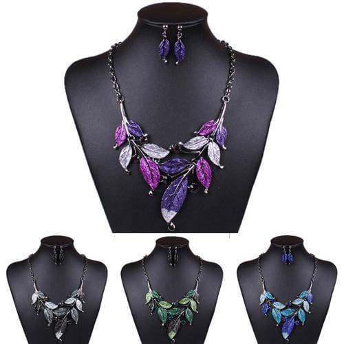 Fashion Womens Jewelry Set Includes Necklace+Earrings Classic Colorful Leaf Rhinestone Alloy Drop Necklace Earrings Jewelry Set