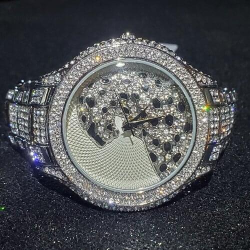 Hip Hop MISSFOX White Gold Leopard Mens Wrist Watches Lab Diamond Japan Quartz Movt Wristwatches Stainless Steel Bracelet Watch