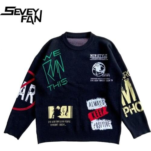 SEVEYFAN Mens Fashion Letter Jacquard Sweater Hip Hop Knitwear Loose Cotton Pullover Sweaters for Couples