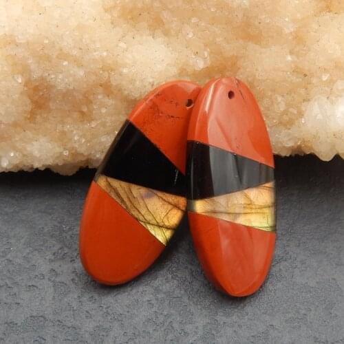 Natural Red River jasper Obsidian With Labradorite Intarsia Earrings Beads For Jewelry Making 35x16x5mm,9.4g