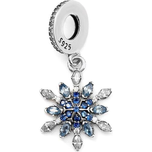 925 Sterling Silver Blue Crystal & CZ Snowflake Pendant Charms Jewelry Flower Dangle For Bracelets & Necklace Women Girls Gift