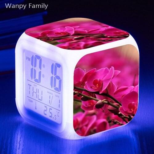Pink Dreamy butterfly orchid alarm clock 7 Color Glowing LED Digital alarm clock For kids room desktop multifunction alarm clock