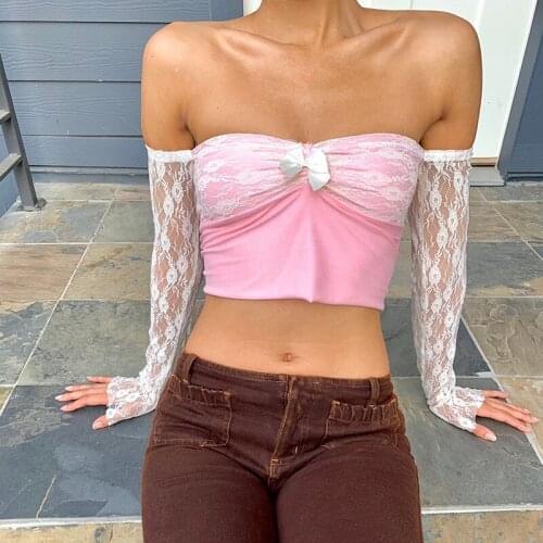 Pink Crop Tops Lace Patchwork T Shirt Bow Cute Pullovers Slash Neck Backless Sexy T Shirt Women Party Top Clubwear