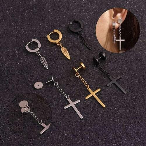 1Pc Leaves Cross Shape Unisex Black Silver Color Stainless Steel Piercing Earring For Women Men Punk Gothic Barbell Earring