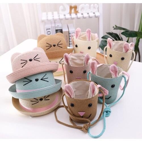 Cute Girls Straw hat Sun Hat Should bag Handbag 2pcs sets For Tour Summer Kid Princess Bow Beach Hats For Party Outdoor ZZ-516