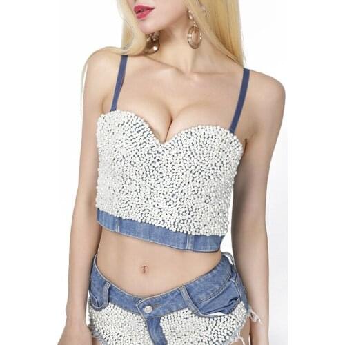 2021 New Women Denim Camisole Pearls Beading Luxury Sleeveless Sexy Crop Top Girls Series Bustier Bra Night Club Party Tank Tops