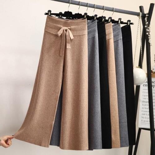2021 Spring And Autumn Knitted Wide-Leg Pants Women Korean Version Of Solid Color Nine-Point Pants Stretch Belt Lace-up Pants
