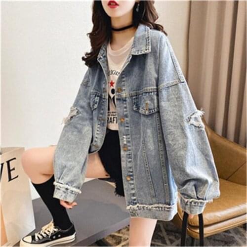 Spring Autumn Korean Version Fashion Female Denim Jacket 2020New Solid Color Womens All-match Long-sleeved Hole Coat Tide A061