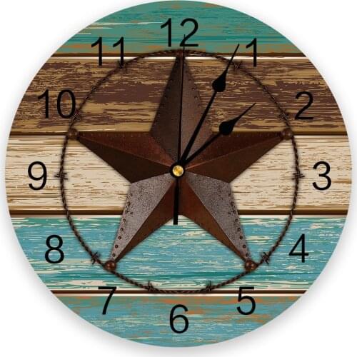 Star Vintage Turquoise Wooden Board Wall Clock Round Style Fashion Modern Design Wall Clock Home Living Room Bedroom Decoration