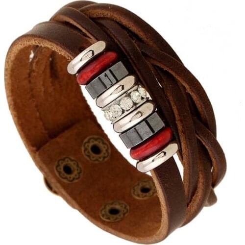 Vintage Metallic Wrap Beaded Bracelets Braided Woven Genuine Leather Bangles Male Female Retro Strand Jewelry Cuff Wristband