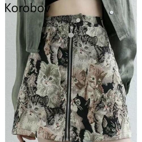 Korobov Women Cat Pattern Skirts Korean High Waist A-Line High Waist Falda Mujer Vintage Cartoon Female Skirt 79124