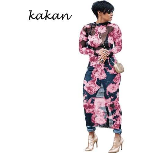 Kakan summer new womens printed dress long sexy perspective stretch mesh dress XL dress S-3XL