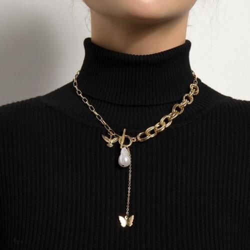 Fashion Punk Baroque Pearl Bird Butterfly Pendant Necklace for Women Vintage Geometric Thick Chain Necklace Collar Jewelry Gift