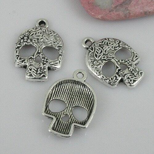 8pcs tibetan silver tone patterns skull head shaped charms 23x16mm EF0386