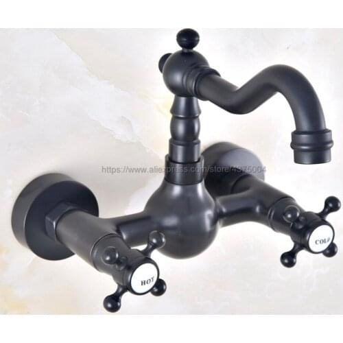 Oil Rubbed Bronze Wall Mounted Basin Faucets Bath Faucets Double Handle Dual Hole Bathroom Sink Washbasin Water Mixer Tap Nnf463